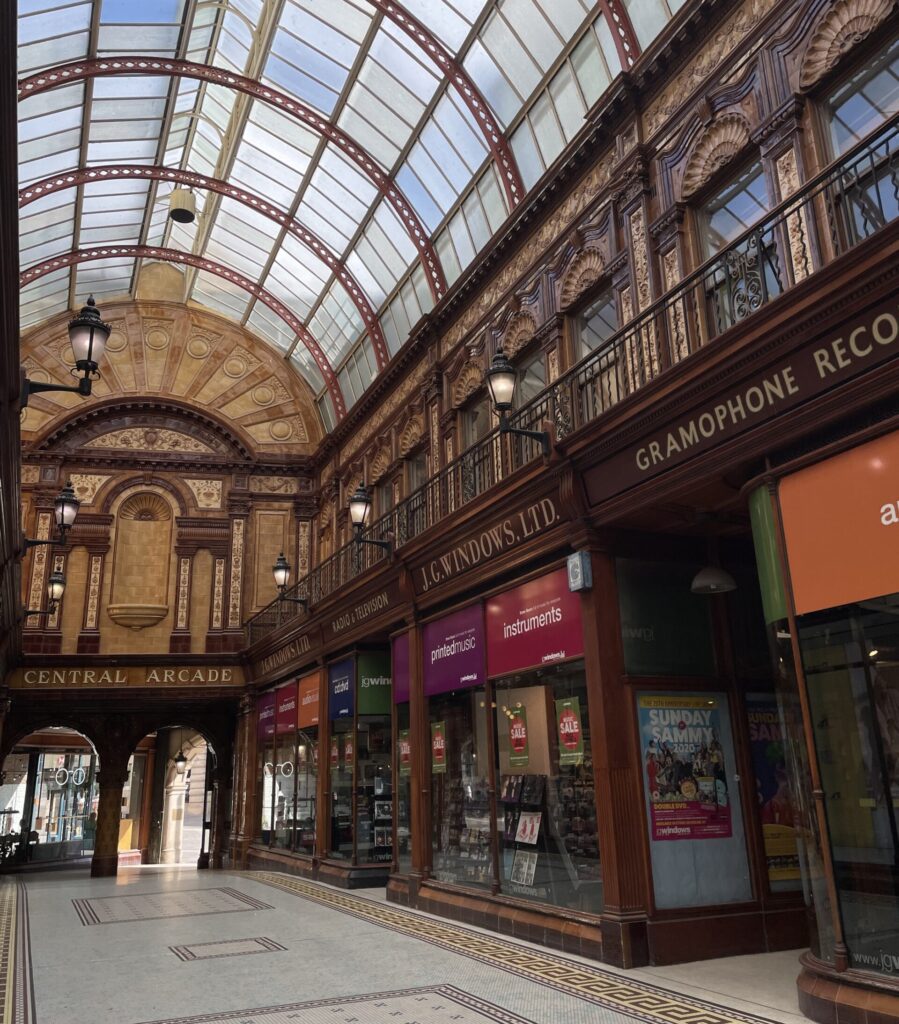The very ornate Central Arcade shopping centre in Newcastle city centre, featuring the JG Windows music store.