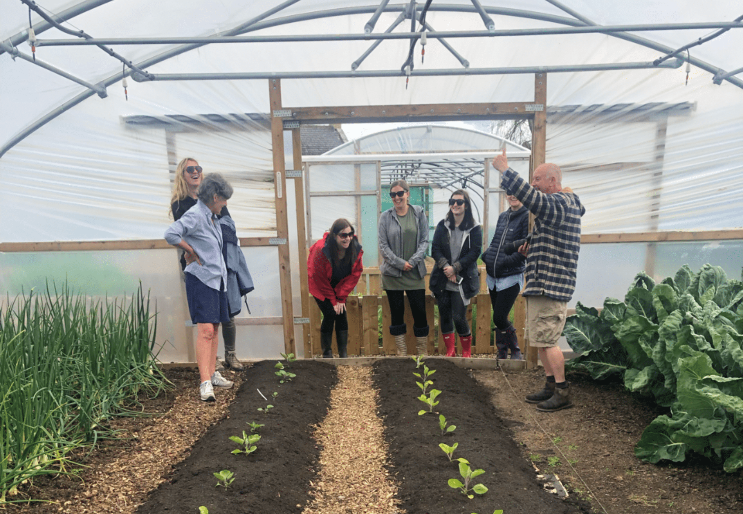 Group of people laughing together in a greenhouse with plants growing either side as well as through the middle.