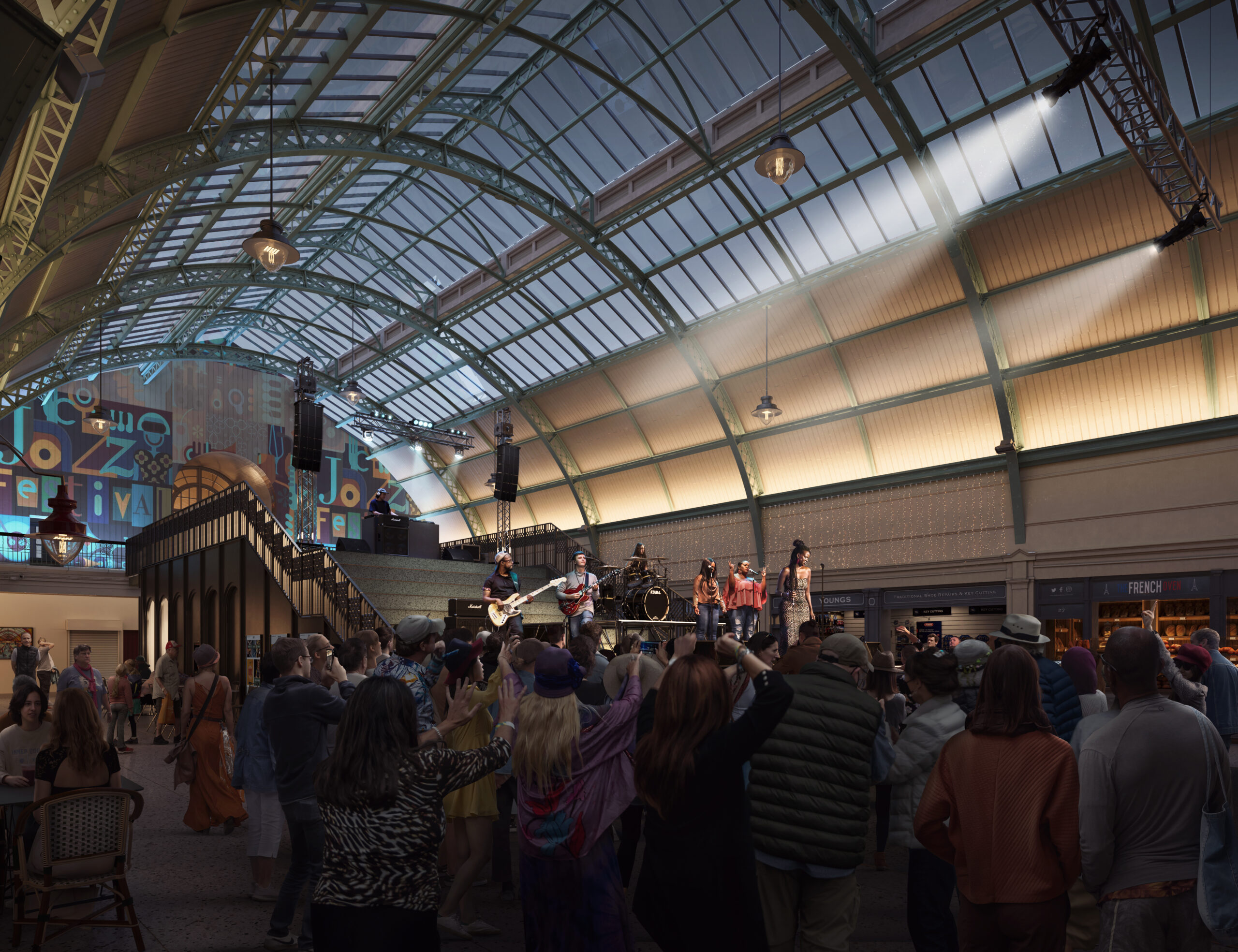 CGI of upgraded Grainger Market event space at night.